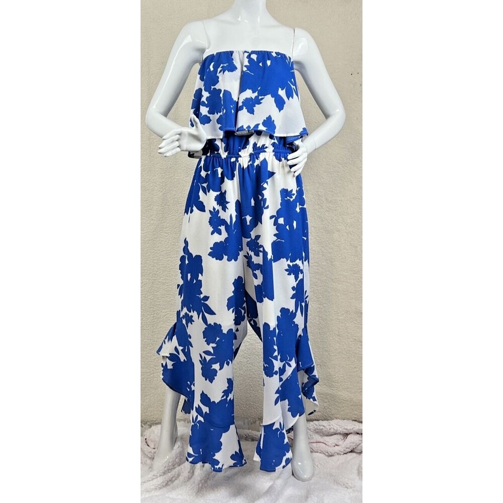 Sugar Lips Womens Blue White Floral Ruffle Jumpsuit Size 2X Wide Leg New